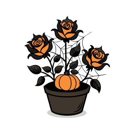 Halloween floral arrangement: Black roses, orange pumpkin, spider web in a potのイラスト素材