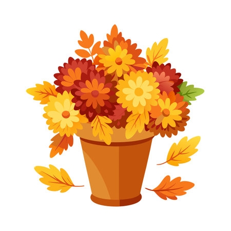 Fall Floral Arrangement in Pot with Falling Leaves, Autumn Seasonのイラスト素材