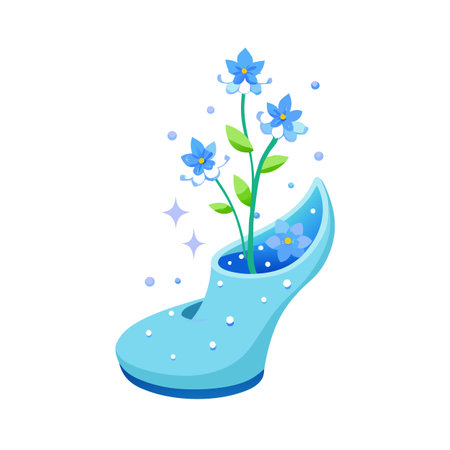 Blue shoe planter with blue flowers and sparkling effects, cute and whimsicalのイラスト素材