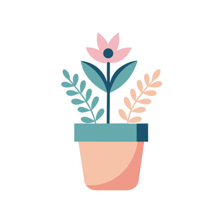 Stylized Potted Plant Illustration with Pink Flower, Blue Leaves and Potのイラスト素材