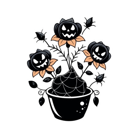 Halloween Pumpkin Flower Bouquet Illustration in Black Pot with Web, Vectorのイラスト素材