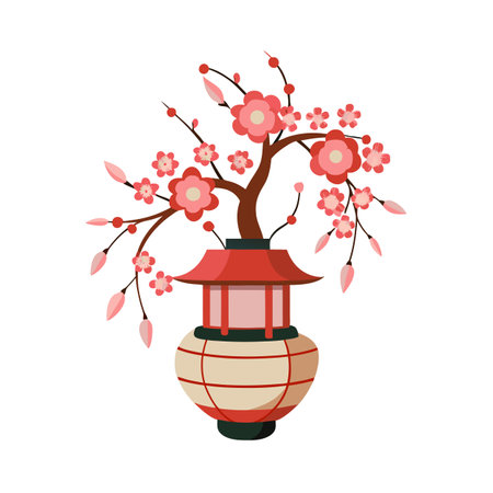 Oriental Blossoms: Pink Flowers on Tree Branch in a Hanging Lantern Potのイラスト素材