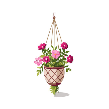 Hanging Flower Basket Vector Illustration with Pink Flowers and Green Leavesのイラスト素材