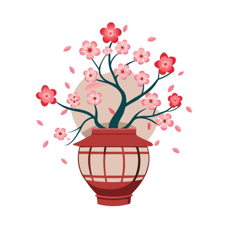 Japanese Cherry Blossoms in Lantern Vase: Asian-Inspired Floral Arrangementのイラスト素材