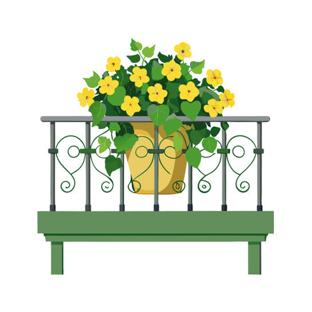 Yellow Flowers in a Pot on a Balcony with Decorative Railingのイラスト素材