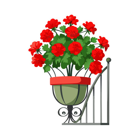Red Geraniums in Hanging Planter on Balcony Railing - Illustrationのイラスト素材