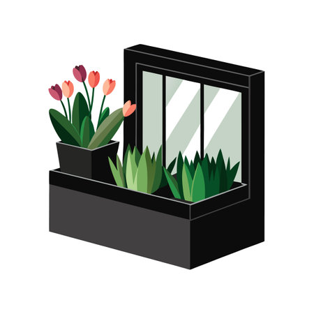 Window Box with Tulips and Green Plants, Modern Isometric Designのイラスト素材