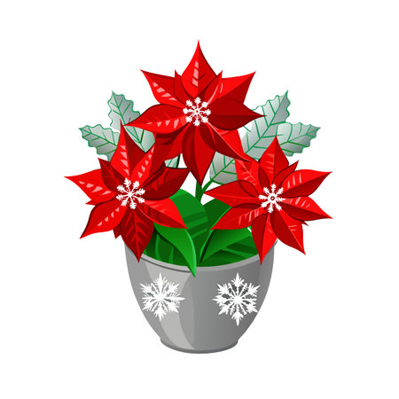Poinsettia Plant in Pot: Festive Holiday Decoration with Snowflake Detailsのイラスト素材