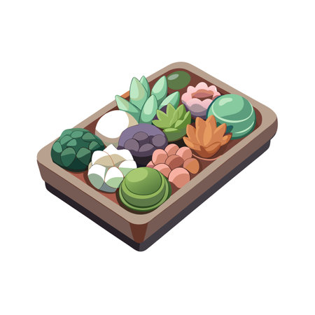 Isometric Illustration of Succulents in a Brown Tray, Isolated on Whiteのイラスト素材