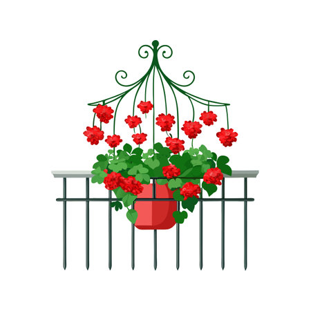 Red Geraniums in a Balcony Flower Box with Decorative Trellisのイラスト素材