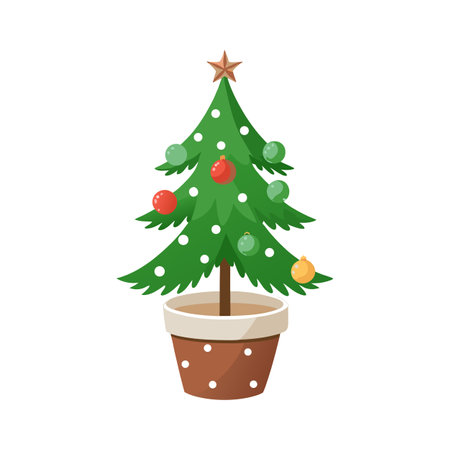 Potted Christmas Tree Illustration with Ornaments and Star Topperのイラスト素材