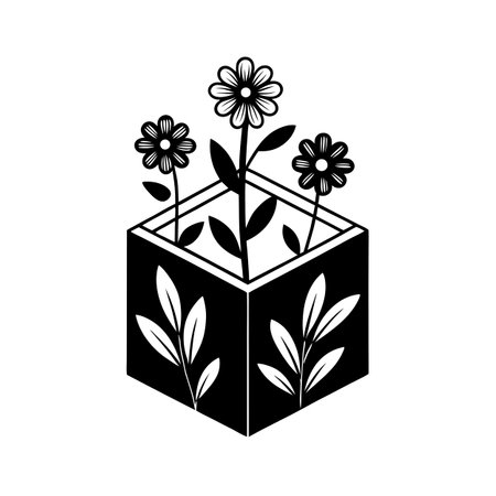 Minimalist Flower Pot Icon with Daisies and Leaves in Geometric Styleのイラスト素材