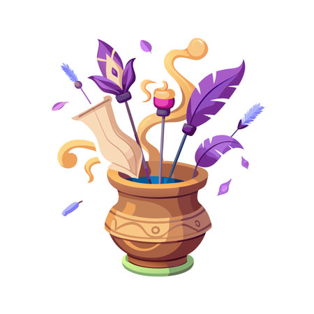 Whimsical Writer's Desk: Quill Pens, Inkwell, and Parchment in Decorative Potのイラスト素材