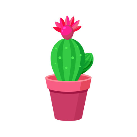 Cute Cartoon Cactus with Pink Flower in a Pot Illustrationのイラスト素材