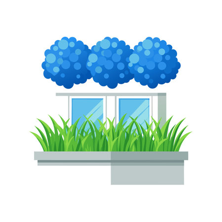 Apartment Balcony with Hydrangea Bushes and Green Grass in a Planterのイラスト素材