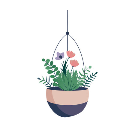 Hanging flower pot with flowers and green leaves, minimalist designのイラスト素材