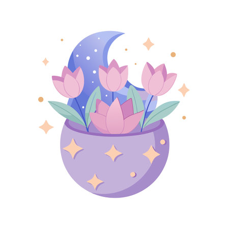 Moonlit Tulips: A Floral Illustration with a Celestial Touch and Starsのイラスト素材