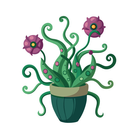 Fantasy Flower Pot Illustration: Exotic Plant with Purple Blooms and Swirling Vinesのイラスト素材
