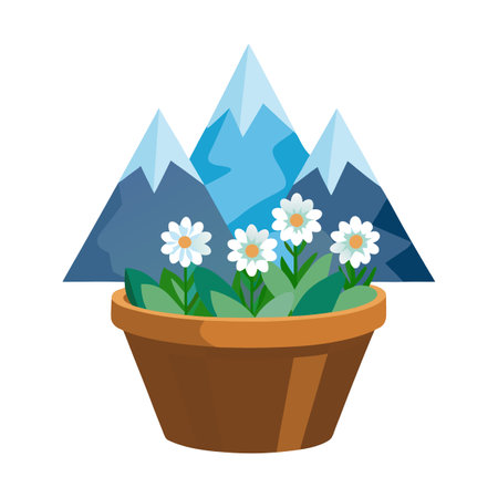 Charming Daisy Flowers in Pot with Snow-Capped Mountain Backdrop Illustrationのイラスト素材