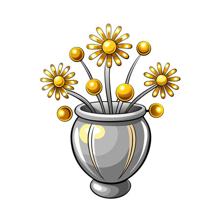 Decorative Silver Vase with Golden Flowers and Spheres on White Backgroundのイラスト素材