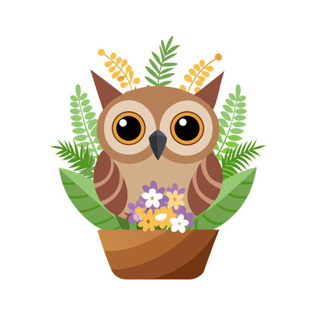 Cute Cartoon Owl Illustration with Flowers and Leaves in a Potのイラスト素材