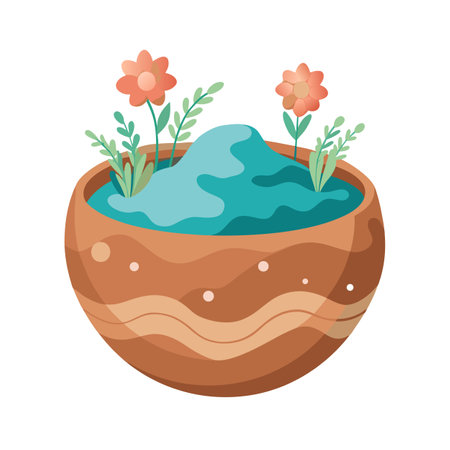 Bowl with Flowers, Plants, and Water, Interior Design Illustrationのイラスト素材