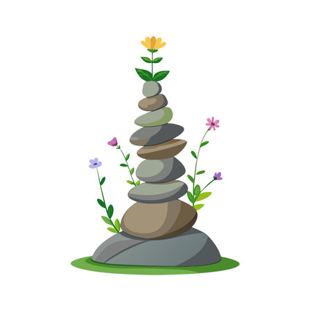Stone Cairn with Flowers: Balancing Act, Harmony, Peace, and Nature's Beautyのイラスト素材