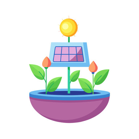 Sustainable Energy: Solar Panel with Plant Pot, Icon Designのイラスト素材