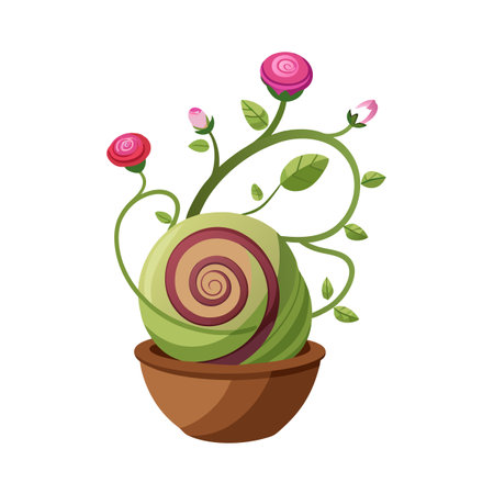 Fantasy Potted Plant Illustration with Roses and Swirls, Cartoon Styleのイラスト素材