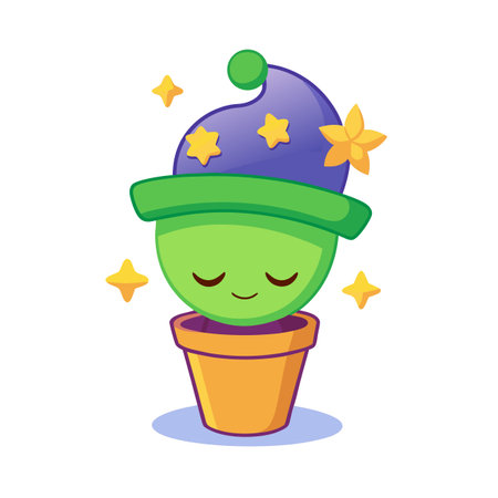 Cute Sleeping Plant Character in Flower Pot Wearing a Wizard Hat Illustrationのイラスト素材