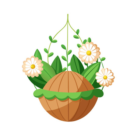 Hanging Flower Basket with Daisies and Greenery Illustration on Whiteのイラスト素材