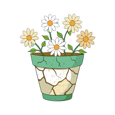 Daisy Flowers in Cracked Pot Illustration - Vintage Style, Spring Gardening Conceptのイラスト素材