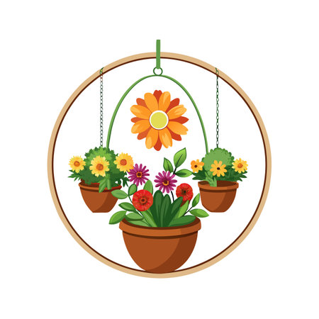 Hanging Flower Basket Illustration with Daisy and Other Flowers in Potsのイラスト素材