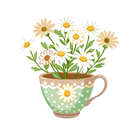Daisy Bouquet in a Teacup: Whimsical Floral Still Life Illustrationのイラスト素材