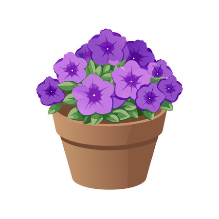 Purple Petunias in a Pot: Vector Illustration of Potted Flowersのイラスト素材