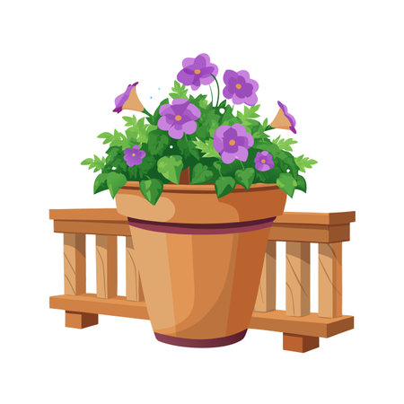 Cartoon Purple Flowers in Pot on Fence Vector Illustrationのイラスト素材