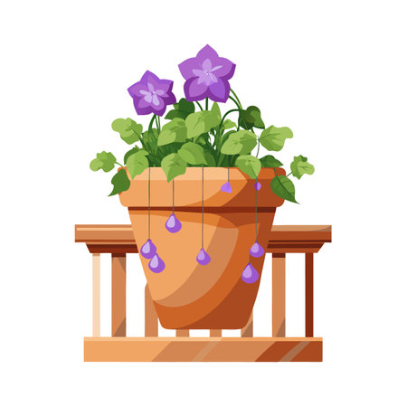 Cartoon Potted Flower with Purple Petals on Wooden Balcony Isolatedのイラスト素材