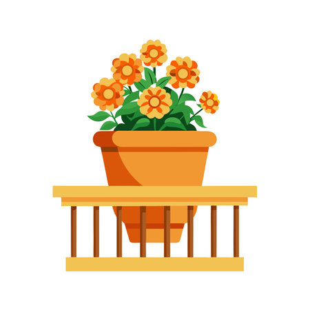 Orange Zinnia Flowers in Terracotta Pot on Wooden Stand Still Lifeのイラスト素材