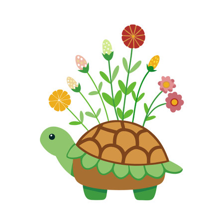 Cute Cartoon Turtle with Flowers on Shell, Isolated on White Backgroundのイラスト素材