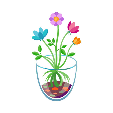 Vibrant Colorful Flowers in Glass Vase Flat Vector Illustrationのイラスト素材