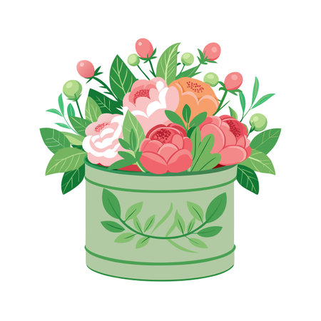 Floral Arrangement in Green Box: Peonies, Berries, and Leaves Illustrationのイラスト素材