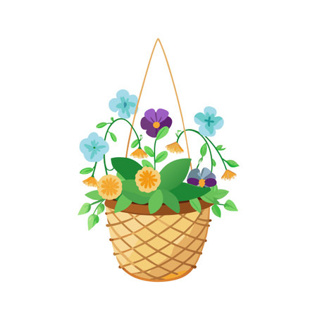 Hanging Basket Vector Illustration with Flowers and Greeneryのイラスト素材