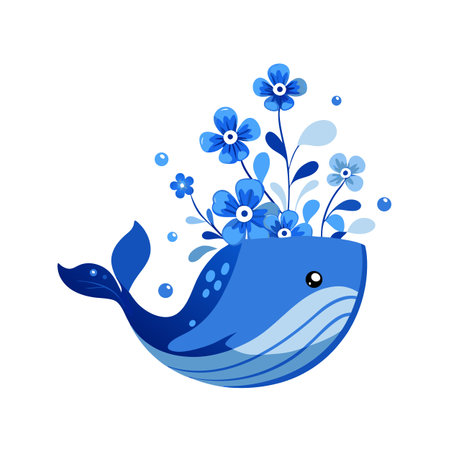 Cute Blue Whale with Flowers, Cartoon Illustration for Children's Designのイラスト素材