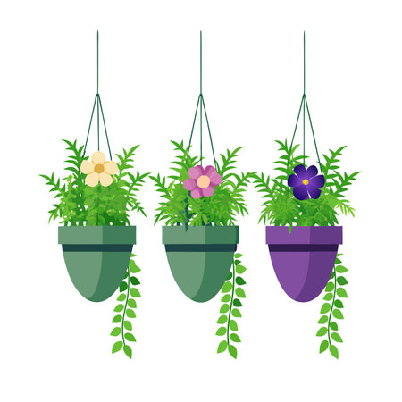 Hanging Flower Baskets with Flowers and Vines - Vector Illustrationのイラスト素材
