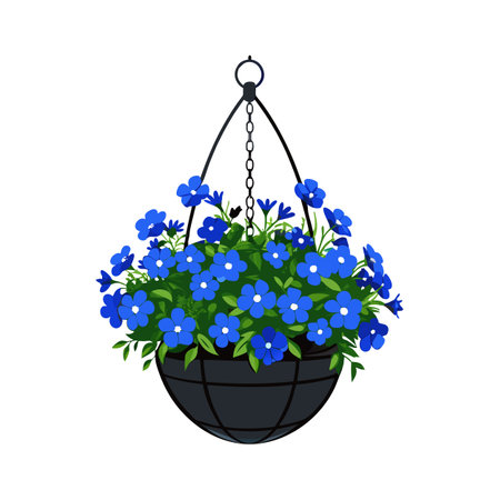 Hanging Flower Basket with Blue Flowers and Green Leaves Illustrationのイラスト素材