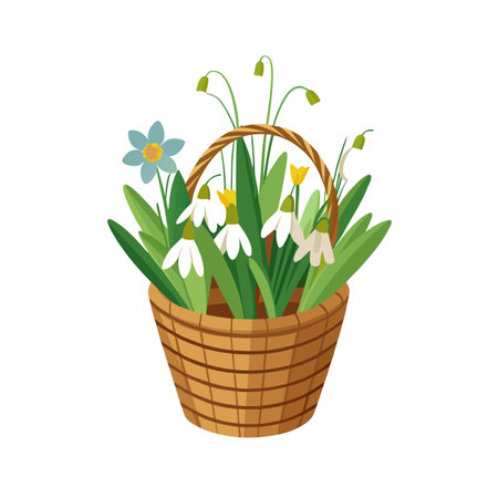 Spring Flowers in Basket: Snowdrops, Daffodil, and Yellow Flowersのイラスト素材