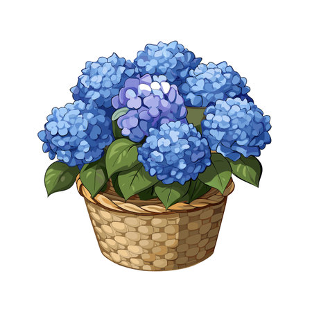Cartoon Blue Hydrangea Flowers in a Basket, Blooming Spring Floral Still Lifeのイラスト素材