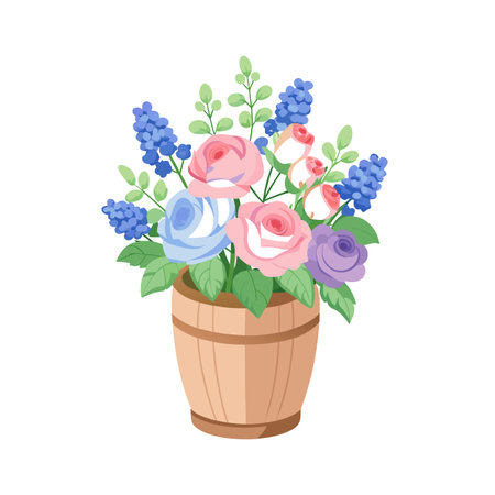 Pastel Roses and Bluebells in a Wood Bucket, Flower Arrangementのイラスト素材