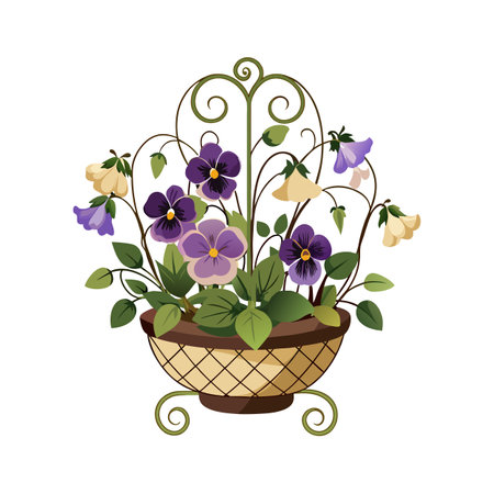 Floral Arrangement with Pansies and Campanulas in a Basket with Trellisのイラスト素材
