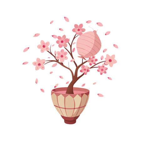 Cherry Blossom Tree in Decorative Pot with Lantern, Japanese-Style Designのイラスト素材